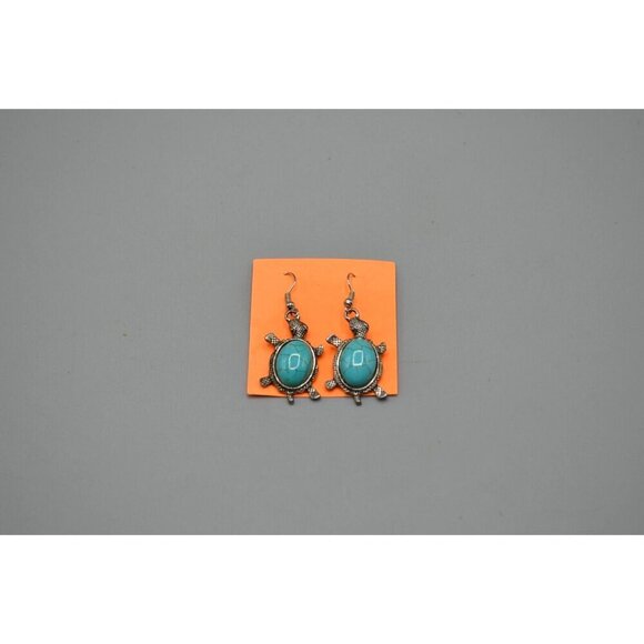Silver Turtle Dangle Drop Earrings Turquoise Tortoise Stone 2 Inch Pre-Owned - Picture 2 of 5